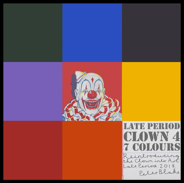 Peter Blake Late Period Clown 4: 7 Colours, 2018 Acrylic, enamel and inkjet print on wood panel Signed, titled and dated 94.2 x 94.2 cm