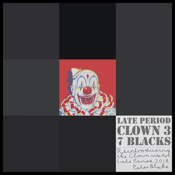 Peter Blake Late Period Clown 3: 7 Blacks, 2018 Acrylic, enamel and inkjet print on wood panel Signed, titled and dated 94.2 x 94.2 cm