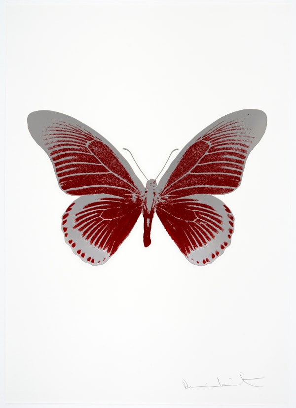 Damien Hirst The Souls IV - Chilli Red/Silver Gloss Damien Hirst butterfly foil print for sale Damien Hirst print for sale , 2010 2 colour foil block on 300gsm Arches 88 archival paper. Signed and numbered. Published by Paul Stolper and Other Criteria 72 x 51cm OC8015 / 1418-38 Edition of 15