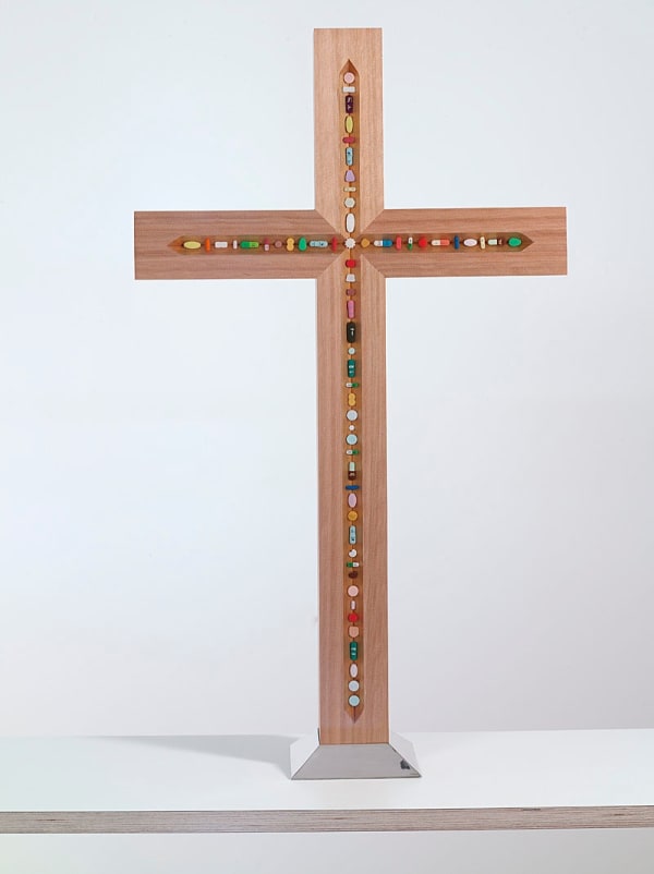 Damien Hirst The Crucifix, 2005 Cedar wood, hand-coloured pewter pills, resin, silver and stainless steel 87 x 50 x 8cm Edition of 35 Signed, numbered and dated