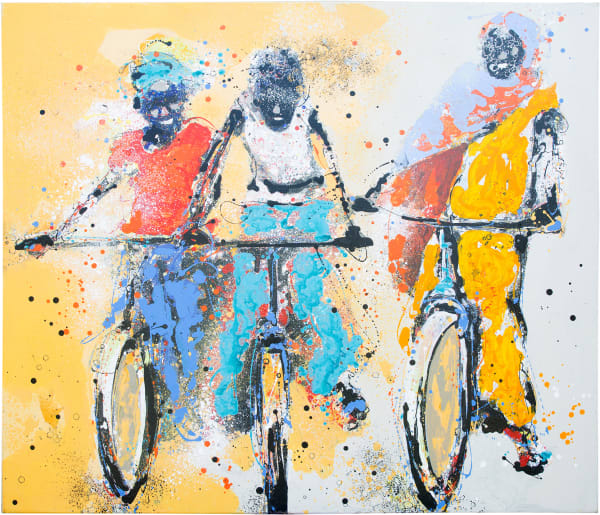 In a yellow and white background, three people riding bikes - the one on the left wears a hijab