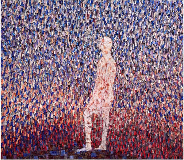artwork by Malian artist Mohamed Diabagate, shows a silhouette against an abstract background