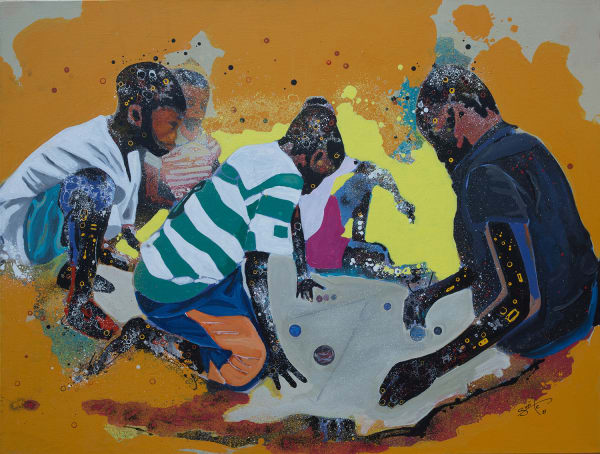 In a mustard background three people sitting on the floor playing a game.