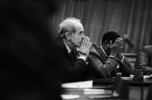 Paul Weinberg, Judge Johann Kriegler, head of the Independent Electoral Commission, visits President Mangope, then president of Bophutatswana, to inform him the homeland will be terminated at the end of the elections, Mafikeng, 1994, 2024