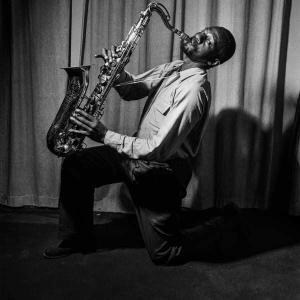 Bob Gosani, Wilson 'King Force' Silgee with saxophone, 1954, printed 2025