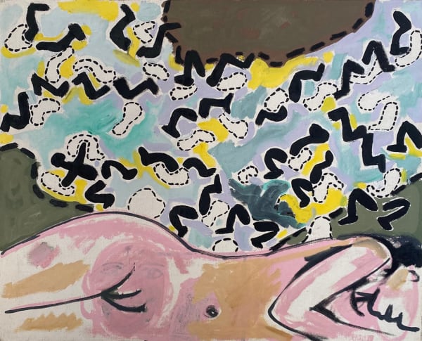 Walter Battiss Woman by a river unsigned, acquired directly from Giles Battiss and accompanied by a signed certificate of authenticity oil on canvas 72 x 88 cm