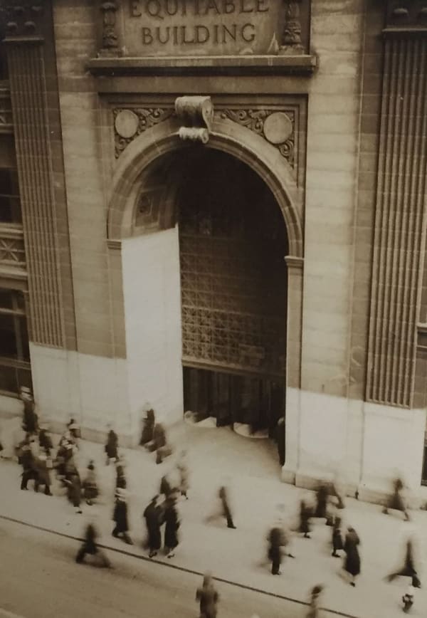 Fred Zinnemann People Walking in front of Equitable Building, c. 1932 Vintage gelatin silver print 3 3/8 x 2 3/8 inches