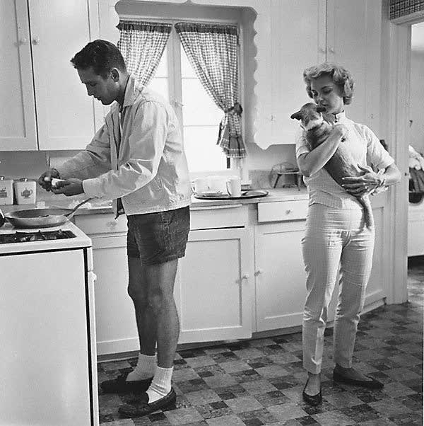 Sid Avery, Paul Newman and Joanne Woodward in the Kitchen of their Beverly Hills Home, 1958, printed later