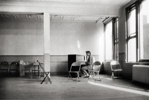 Alfred Wertheimer, First Arrival, Elvis sings a gospel song waiting for Steve Allen and his entourage to arrive for the Steve Allen show rehearsal, New York, June 29th, 1956