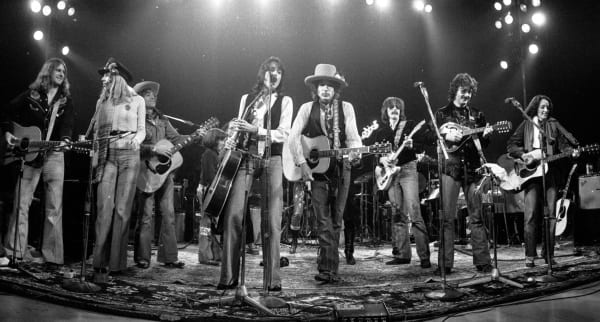Ken Regan, Bob Dylan, Joan Baez and the Band on stage, Rolling Thunder Revue Tour, Montreal, 1975