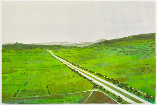 Andriu Deplazes, Bandes blanches fendant l'immensité verte (White stripes splitting the green vastness), 2023