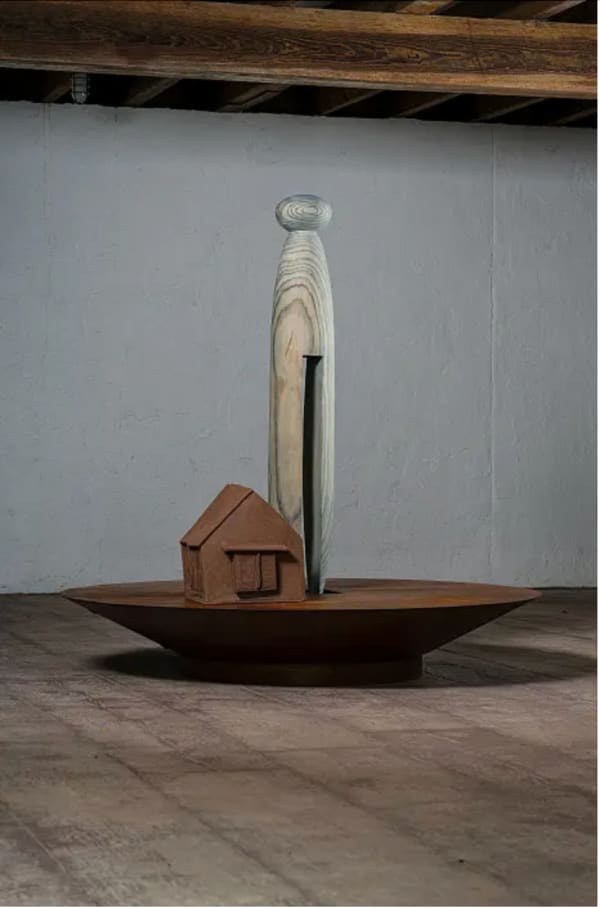 Syd Carpenter Mother Pin Ascending, 2025 Wood, clay, steel 65 x 60 x 60 in 165.1 x 152.4 x 152.4 cm