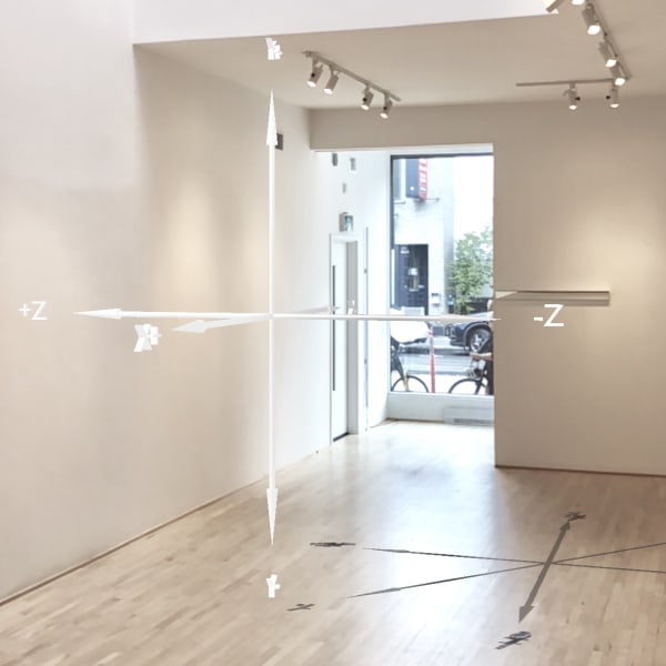 Échelle de Vitruve 'Augmentée', 2018 Installation de réalité augmentée pour iPhone ou iPad / Augmented reality installation for iPhone or iPad. Application numérique et autocollant / Mobile application and stickers Luc Courchesne Objet virtuel: 4 m (largeur) x 4 m (profondeur) x 4 m (hauteur). Marqueur physique 2D: 12cm x 12cm Virtual object: 4 m (width) x 4 m (depth) x 4 m (height). 2D physical marker: 12cm x 12cm Ed. 10