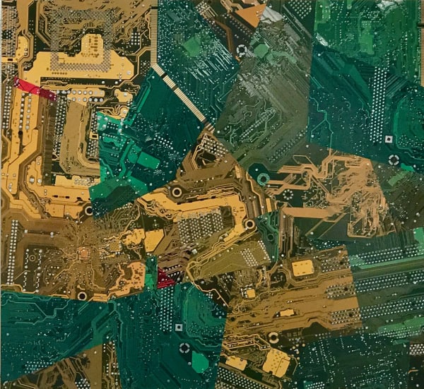 Green & Gold #4, 2018 Circuits imprimés, contreplaqué, clous / Circuit board, plywood, nails Wally Dion 11 3/4 x 13 x 1 3/4 in 30 x 33 x 4.5 cm