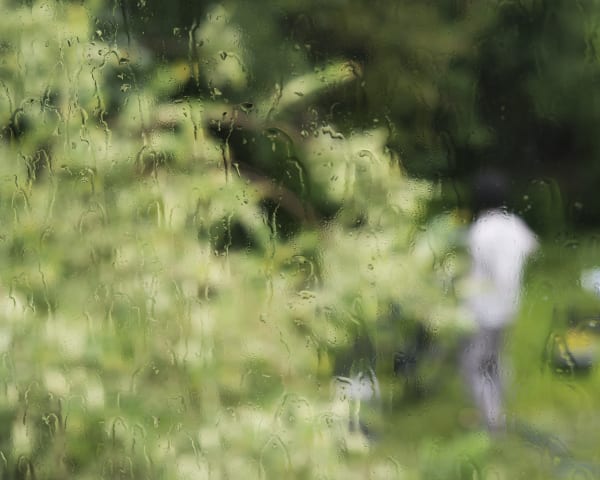 Chih-Chien Wang, Water Dripping on Blurry Figure in Green Landscape, 2015