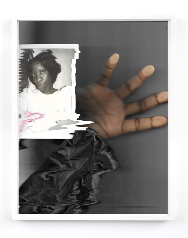 Joanne Petit-Frère, Studio Hands #21 - Listening to Ho99o9 w/ Polaroid Self Portrait in Aritzia Dress (Now Gloves off, I'm Out), 2020