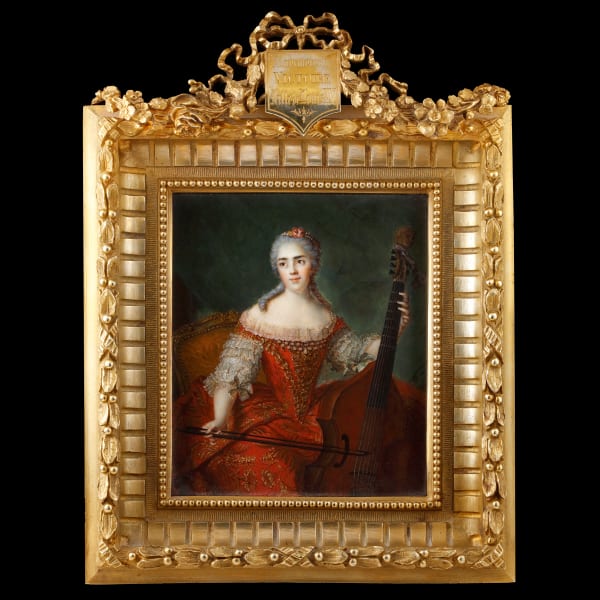 Aimee-Zoe Lizinka de Mirbel (née Rue), Princess Anne Henriette of France, playing the viola de Gamba, wearing red gown, c. 1830