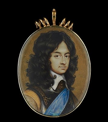 David des Granges, Portrait miniature of Charles II (1630-85), as Prince of Wales, in armour breastplate, buff doublet with embroidered sleeves, white lawn collar with tassels, wearing the blue sash of the Order of the Garter, natural curling brown hair, 1655
