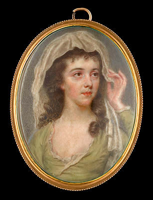 John Smart, Portrait miniature of a Young Lady, probably the artist’s daughter Anna Maria Woolf (née Smart) (1766-1813), wearing a green dress with white chemise, she holds a white veil to cover her dark brown hair, 1781