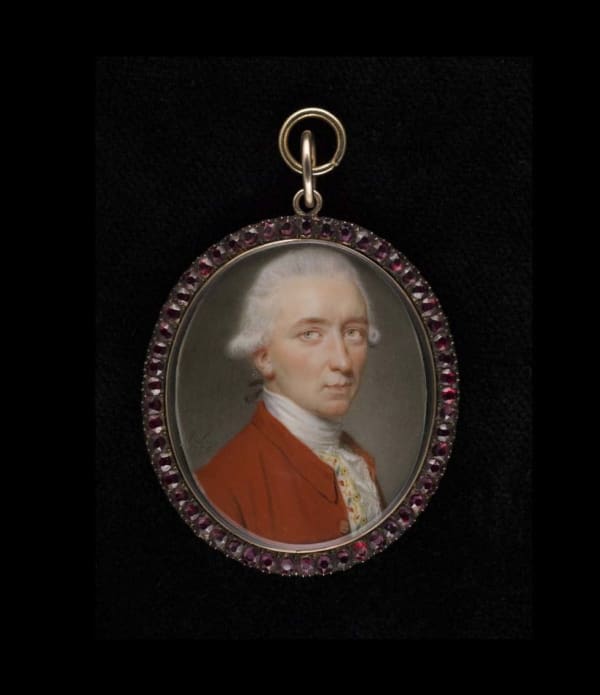 John Smart, Edgar Corrie (1748-1819), wearing red coat, white waistcoat with gold, red and green embroidery, 1775