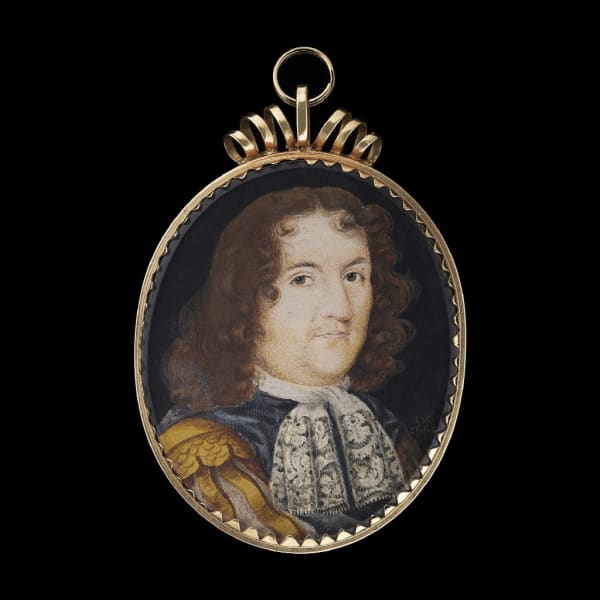 David or Daniel Myers, A portrait miniature of an unknown Gentleman, wearing grey doublet with gold shoulder decoration over slashed sleeves, white lace jabot, his hair worn curled, 1664