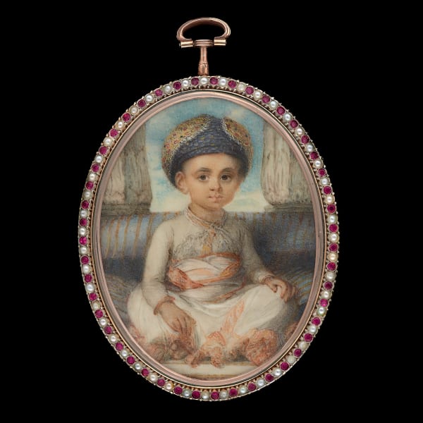 Ozias Humphry miniature portrait of The Sahibzada, Vizir Ali Khan, later Nawab Wazir Of Oudh wearing orange and white robe in 1786 currently for sale at Philip mould & company