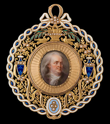 Jean Baptiste Weyler, Portrait enamel of Benjamin Franklin (1706-90), wearing fur-bordered cloak, late 18th century