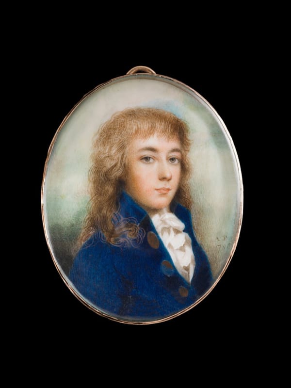 Andrew Plimer, Portrait miniature of a young Man wearing a blue jacket, his hair worn long, 1786