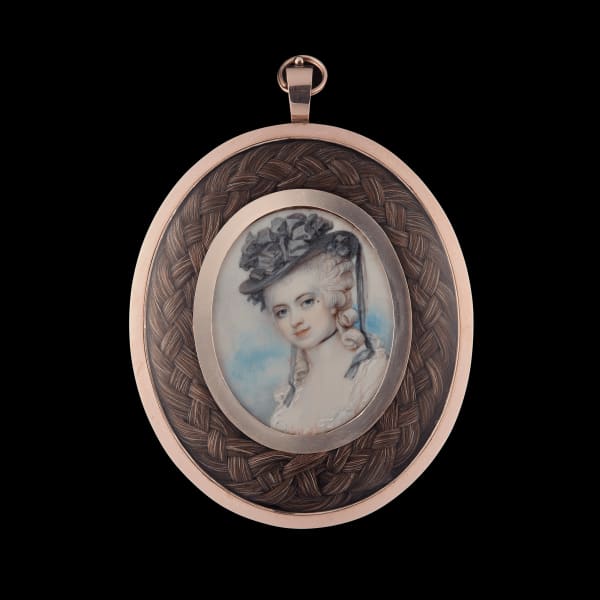 Richard Cosway, Mary Robinson [née Darby] ‘Perdita’ (1756/1758?–1800), wearing black hat with large satin bow over her powdered hair, black silk choker and white chemise, 1782