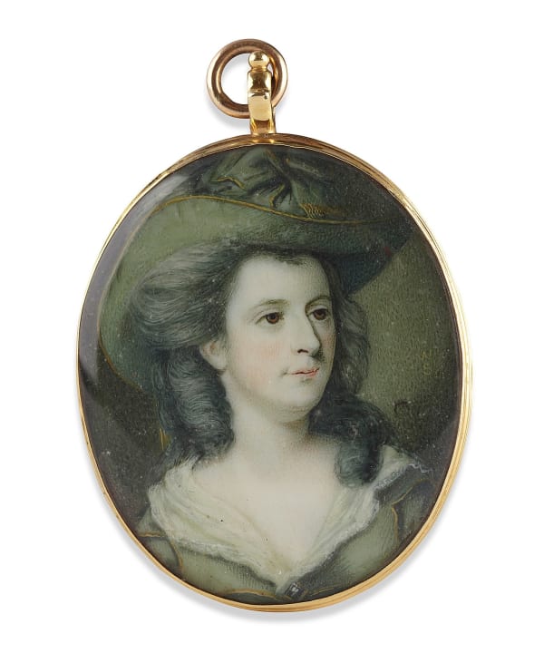 William Singleton, Portrait miniature of Jane, Duchess of Gordon (1748/9-1812), wearing gold-trimmed green hat and matching dress, her hair powdered, c. 1783