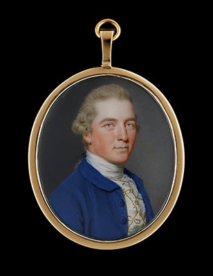 John Smart, A Gentleman, traditionally identified as ‘Mr. Ridley’, wearing a blue jacket, with lace shirt and white waistcoat embroidered with flowers and gold thread, 1770s