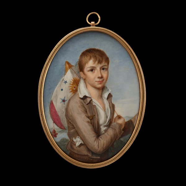 French School, A young Gentleman, wearing buff-coloured jacket, brown trousers and white shirt holding a patterned silk kite, c. 1795