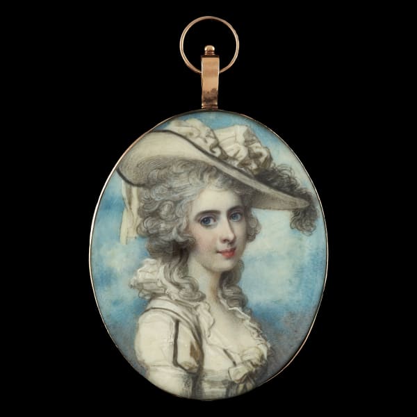 Richard Cosway, Maria Eleanor Villiers, nee Forbes, Countess of Clarendon (1759-1844), wearing white dress with black and pale-yellow trim, large white hat with black trim and black ostrich feather, c. 1785-90