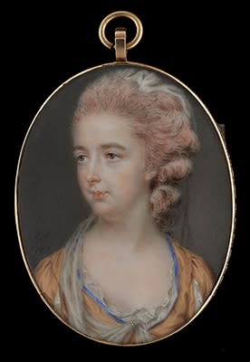 John Smart, Portrait miniature of a Lady, identified as Harriet Blanshard (née Gale) (1745-1822), wearing low-cut blue trimmed gold dress with lace collar, 1782