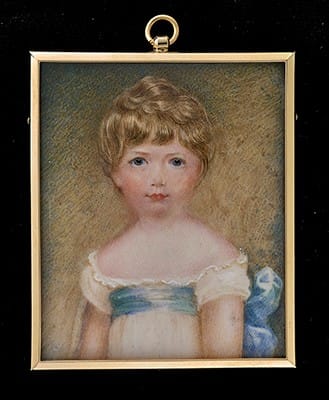 Anthony Stewart, Portrait miniature of Hungerford Crewe (1812-94), 3rd Baron Crewe dressed in white smock with blue ribbon tied at the waist