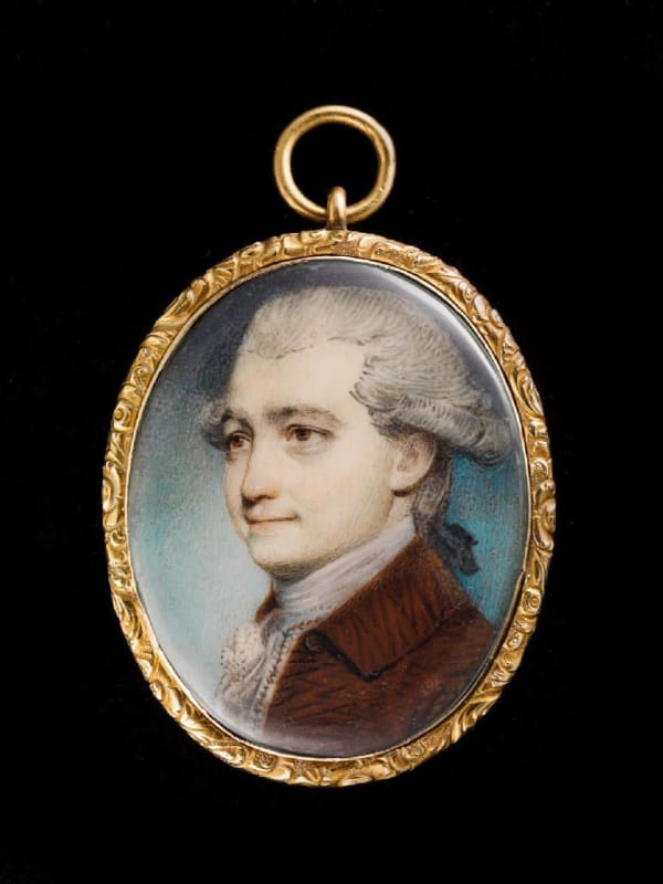 George Engleheart, Portrait miniature of a Gentleman, wearing brown coat, waistcoat and stock, his hair powdered and worn en queue, early 19th century