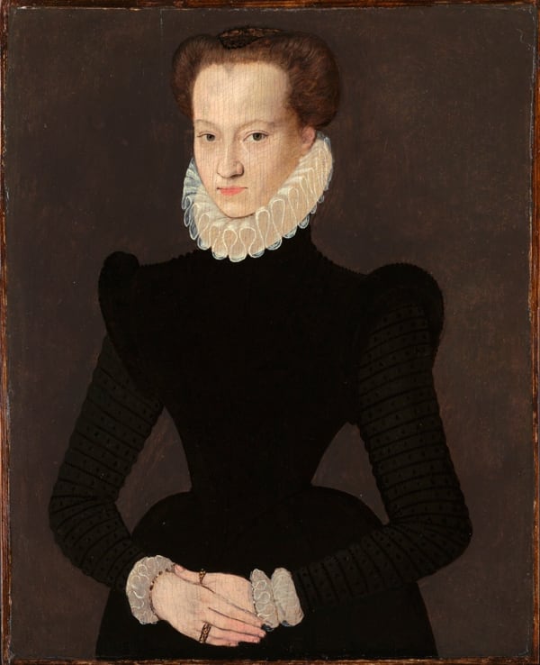 French School, Portrait of a Lady in a black dress with white cuffs and high collar, 1580s