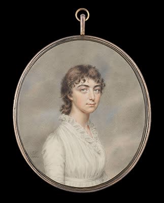 John Smart, Portrait miniature of a Lady, traditionally identified as ‘Mrs Abernethy’, wearing white muslin dress trimmed with a frill at the neck and a narrow sash, her curled hair worn short, 1800