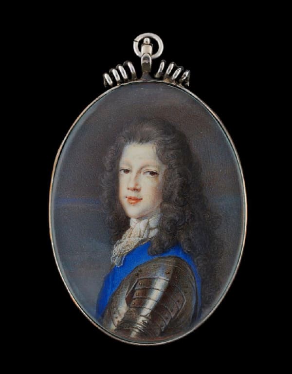 Anne Belle (née Cheron), Portrait miniature of Prince James Francis Edward Stuart (1688-1766), 'The Old Pretender', wearing armour, white lace stock and blue sash of the Garter, early 18th century
