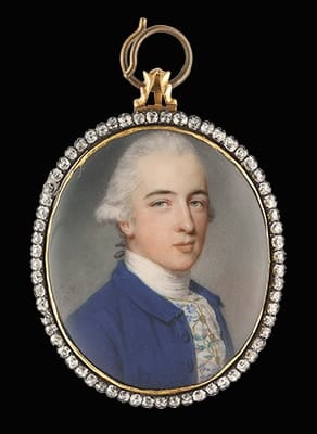 John Smart, Portrait miniature of Richard Twining (1749-1824), wearing blue coat, his waistcoat embroidered with flowers and gold thread, lace cravat, his powdered hair worn en queue, 1771
