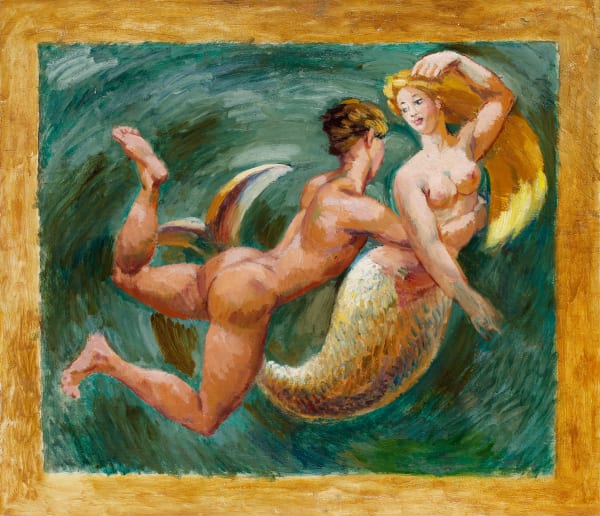 Duncan Grant oil painting of a young man and a mermaid in 1950 in green and yellow currently for sale at Philip mould & company