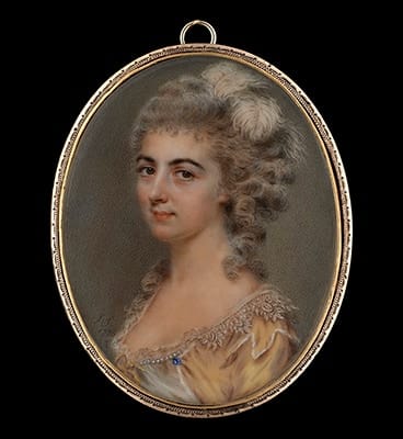 John Smart, Portrait miniature of a Lady, previously identified as ‘Lady Cockburn’, wearing a gold dress with lace trim decorated with pearls and sapphire, her hair worn curled and powdered and decorated with white ostrich feathers