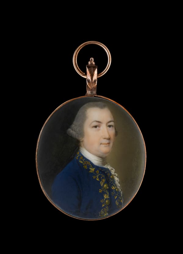 John Smart, Gentleman with grey powdered hair and blue jacket with gold embroidery, 1766