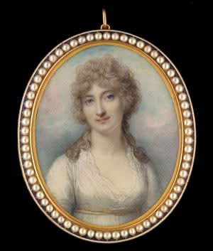 Richard Cosway, Portrait miniature of Elizabeth Talbot (née Hoey), Countess of Shrewsbury (d. 1847), wearing white dress with lace fichu and gold ribbon belt, her hair powdered, 1797