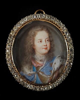 Benjamin Arlaud, Portrait miniature of Louis XV (1710-74) as a child wearing ceremonial robes and armour, eearly 18th century