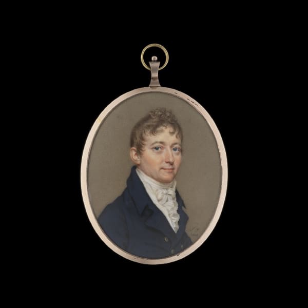 John Smart, John Goldingham, FRS (1767-1849), wearing dark blue coat with brass buttons, white waistcoat and frilled shirt, 1808