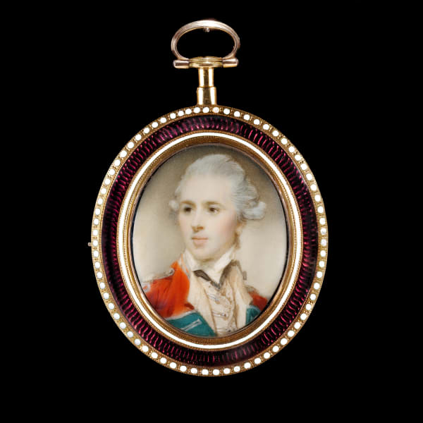 Jeremiah Meyer RA, An Officer, probably of the Grenadier Company of the West Kent Militia, wearing scarlet coat with 'Kentish grey' facings, silver lace and epaulettes, his powdered hair worn en queue, c. 1765