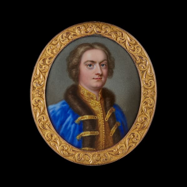 Christian Friedrich Zincke, A Gentleman, wearing fur-lined blue coat over gold embroidered waistcoat,, c. 1735-40