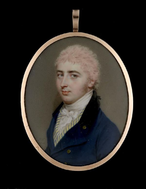 John Smart, A young Gentleman, wearing dark blue coat with black collar, yellow and blue striped waistcoat, his pink powdered hair tied with a black ribbon and worn en queue, 1800