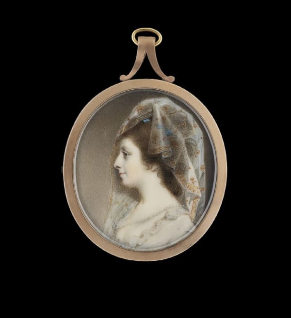 George Engleheart, A Lady, profile to the left, wearing lace-edged white dress, possibly her wedding dress, string of pearls at her neck, blue ribbon in her upswept brown hair, covered by a veil embroidered with gold flowers, c. 1775-80
